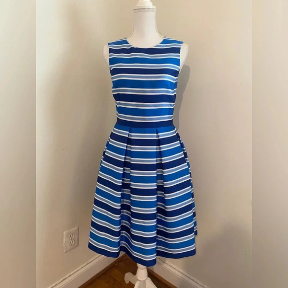 Carolina Herrera Silk Pleated Sleeveless Striped Fit and Flare Dress Size 4 NWOT - Picture 5 of 11